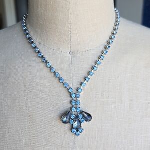 Vintage Blue Rhinestone Choker Necklace 15" Bridal Teardrop Cabochon